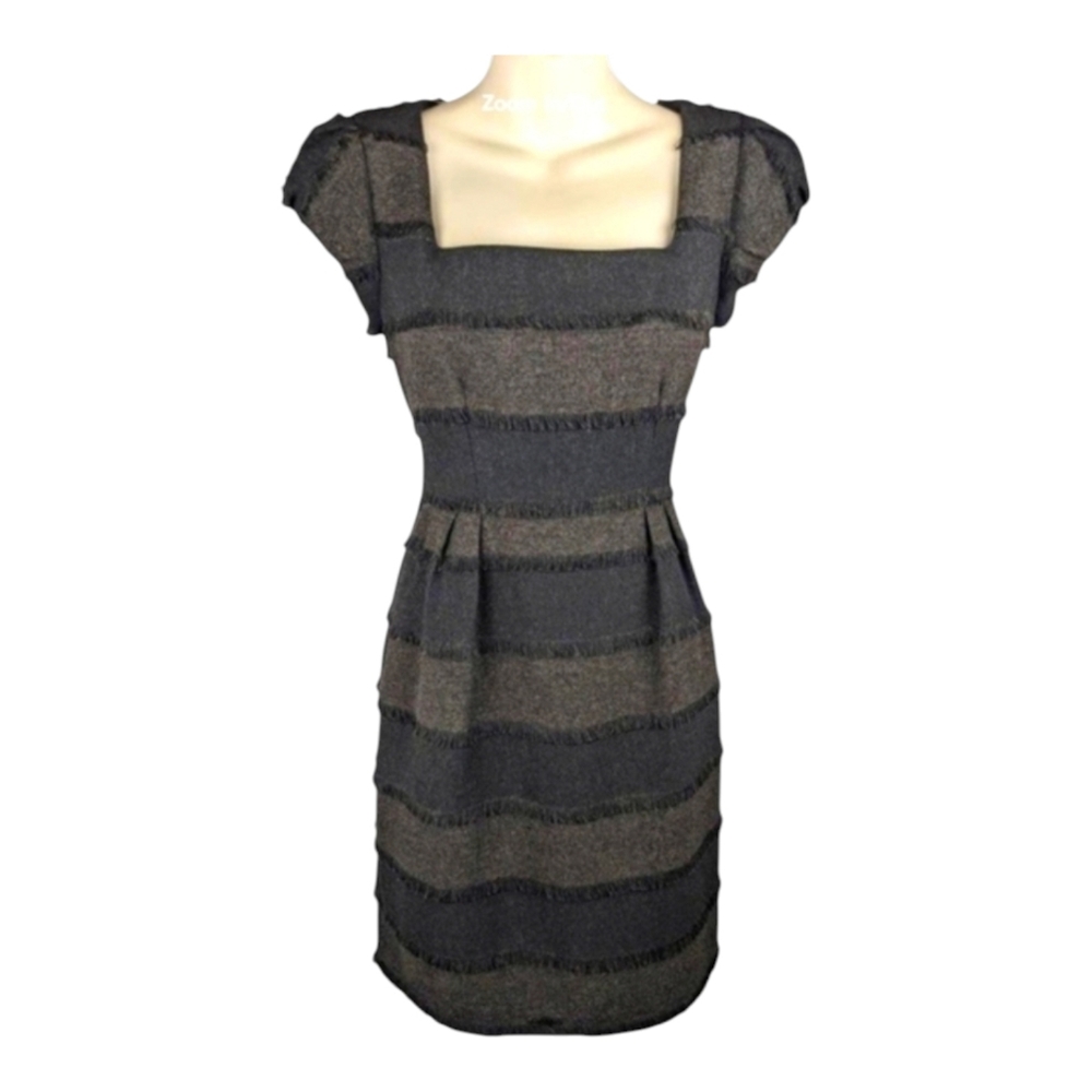 Nanette Lepore Black Catch Me Fringed Dress XS brown striped sheath